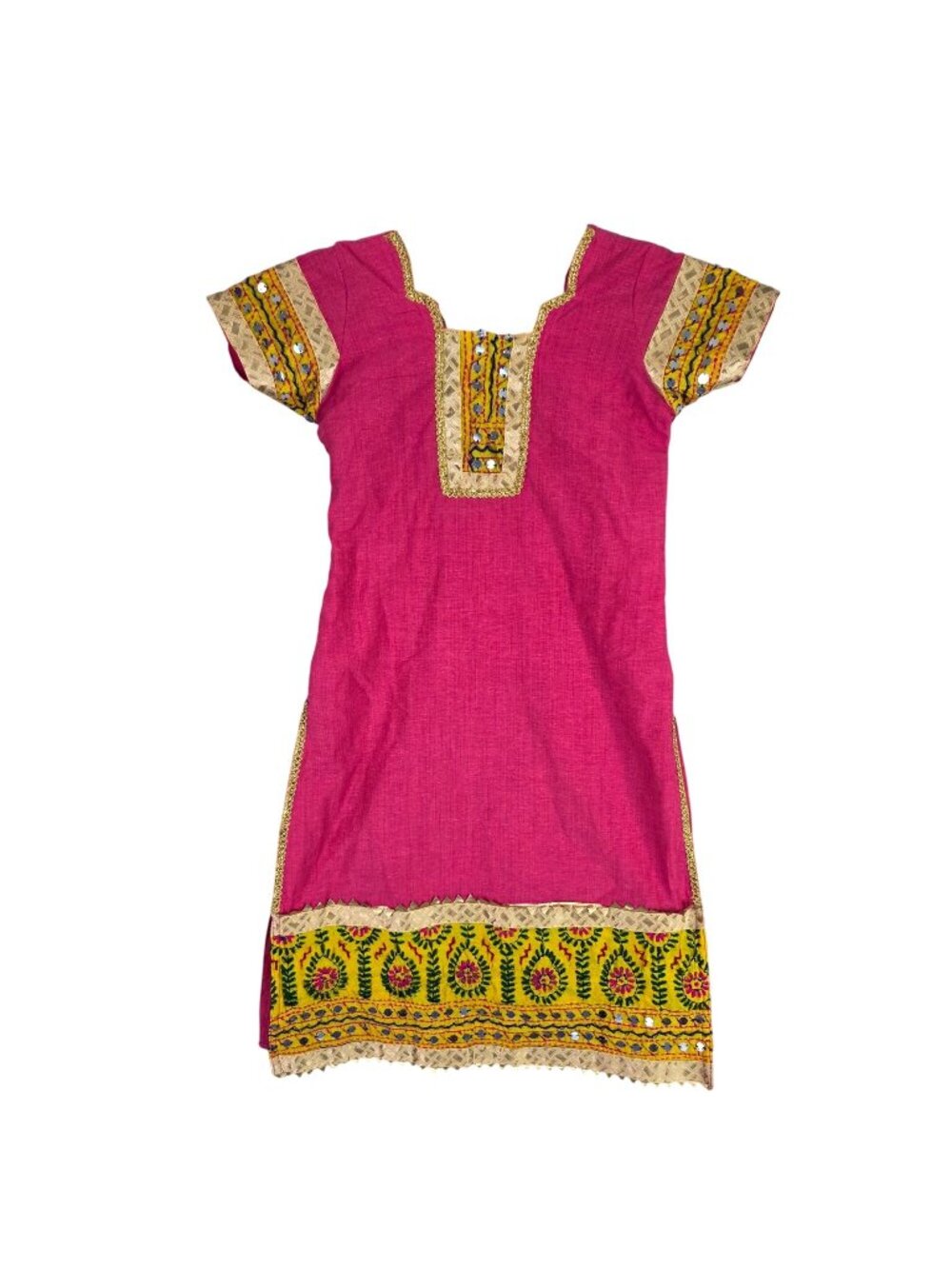 Womens Pink Embroidered Ethnic Kurti Gold Trim Short Sleeves Side Slits Size S